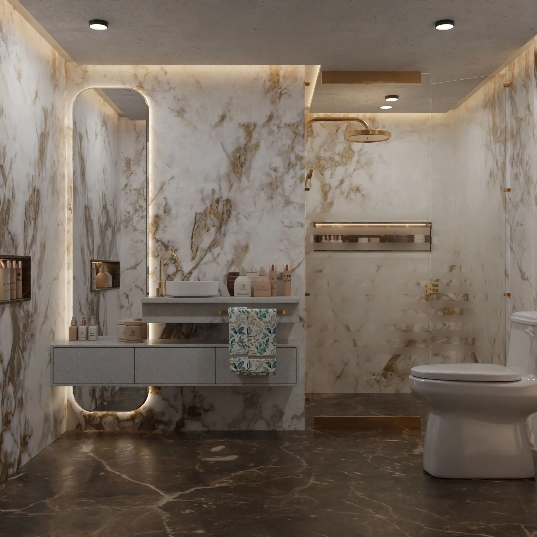 Pristine marble bathroom with spotless tile and glass after a deep clean