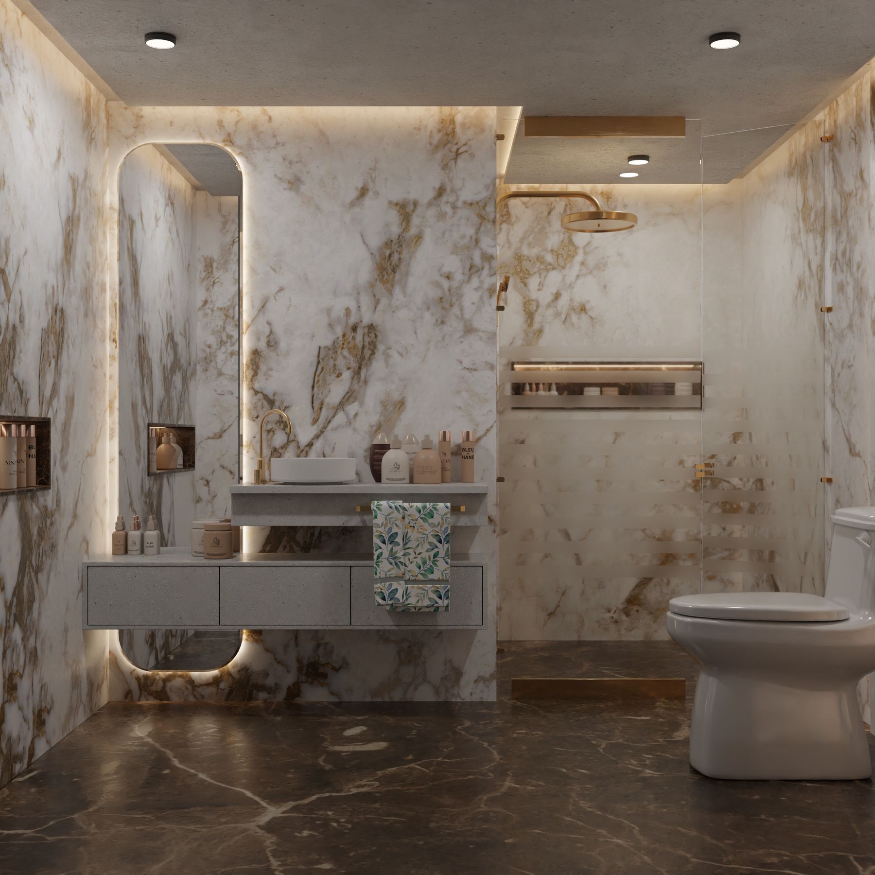 Pristine marble bathroom with spotless tile and glass after a deep clean